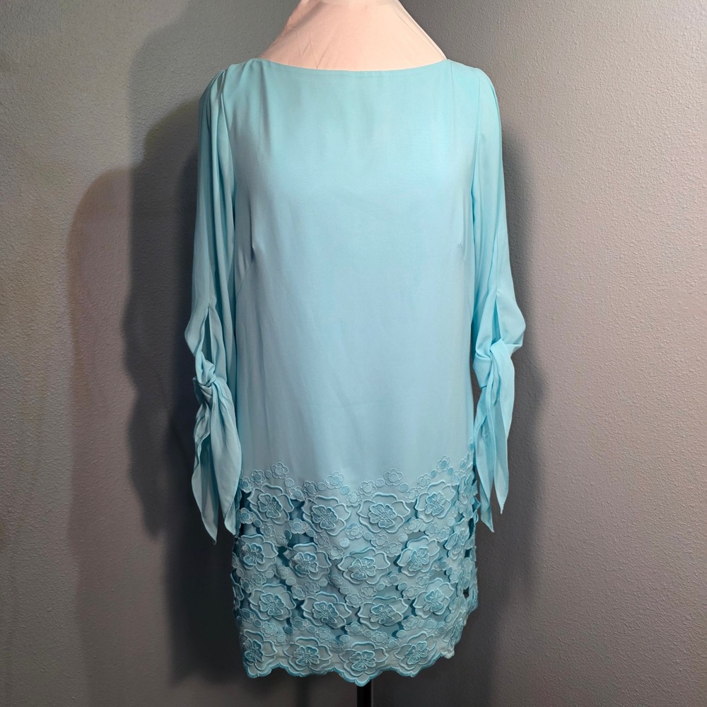 Tahari Arthur S Levine Blue Embroidered Floral Sheer Tie Sleeve Shift Dress